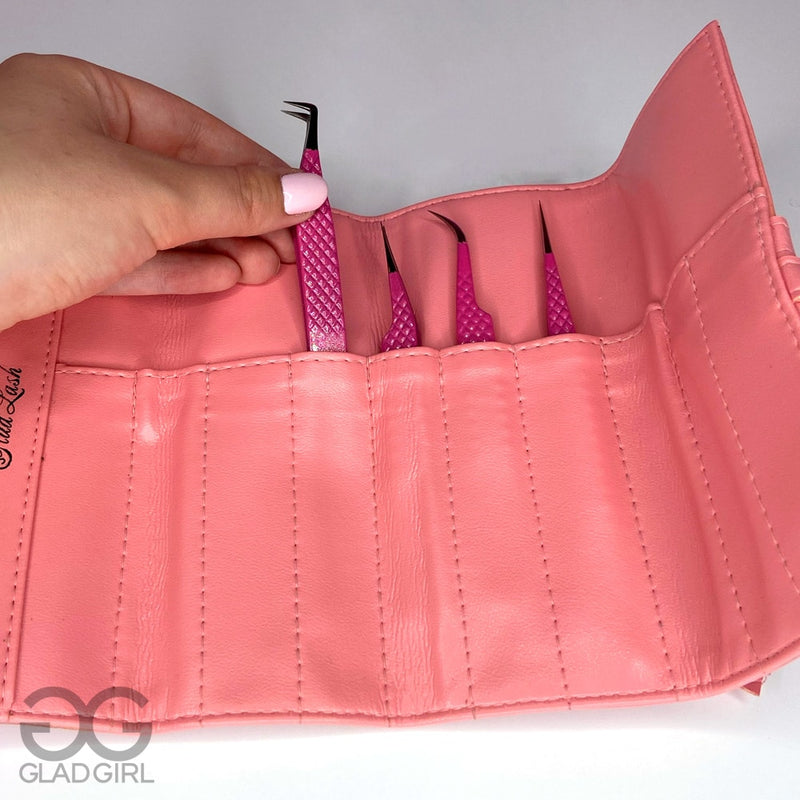 10 Piece Eyelash Extension Tweezer Roll Case - Pink