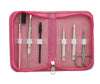 Pink tweezer case open displaying 6 tools