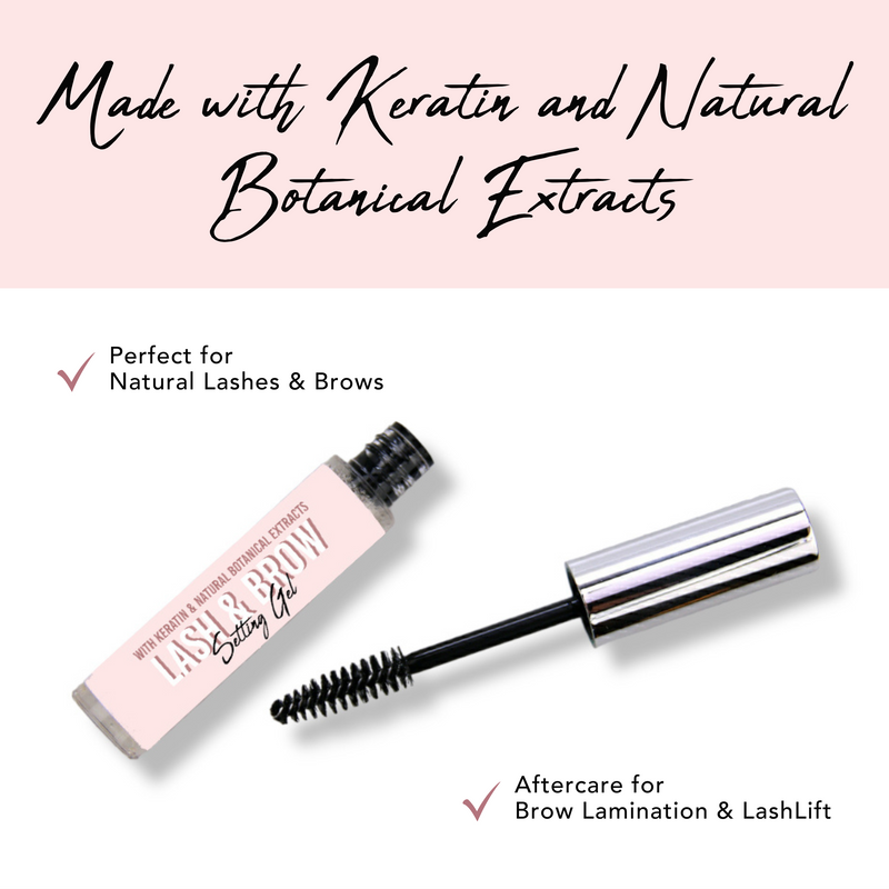 Lash &amp; Brow Setting Gel – gel tube and wand with feature callouts