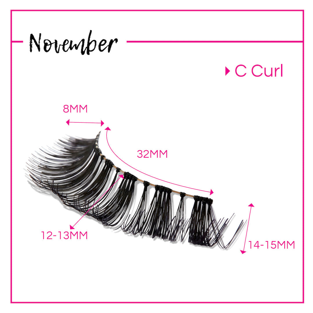 GladGirl False Lashes Bundle - November – lash strip diagram with C curl and lengths marked