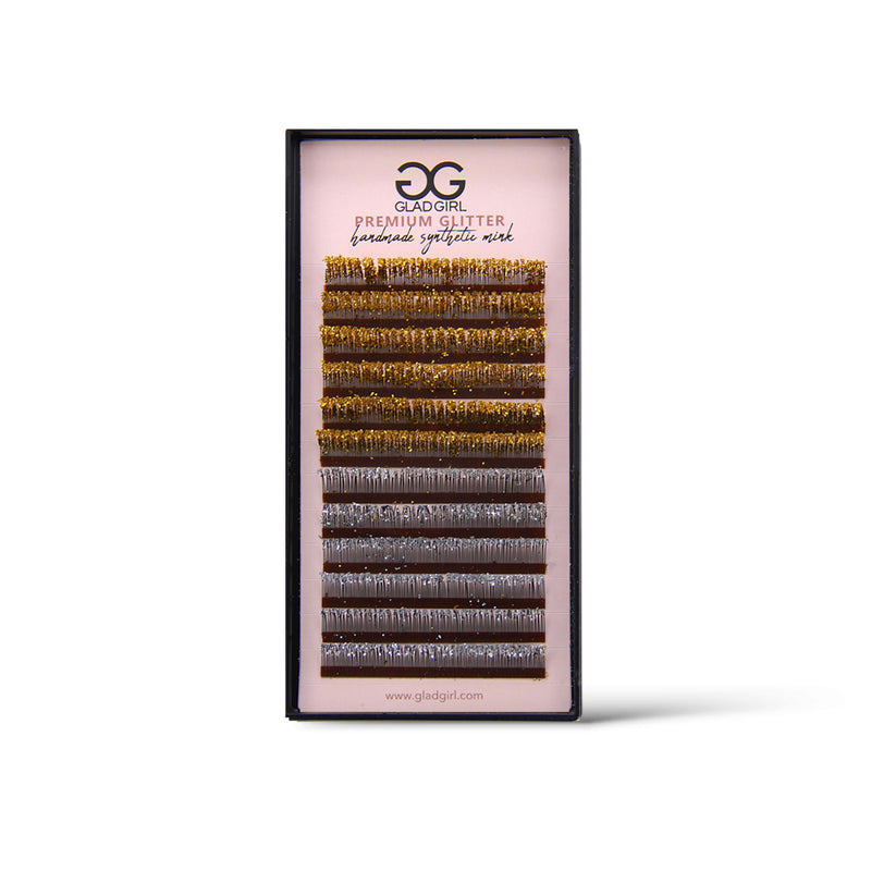 Premium Glitter Lashes - Classic - 0.15mm – tray of gold glitter lash rows, top view
