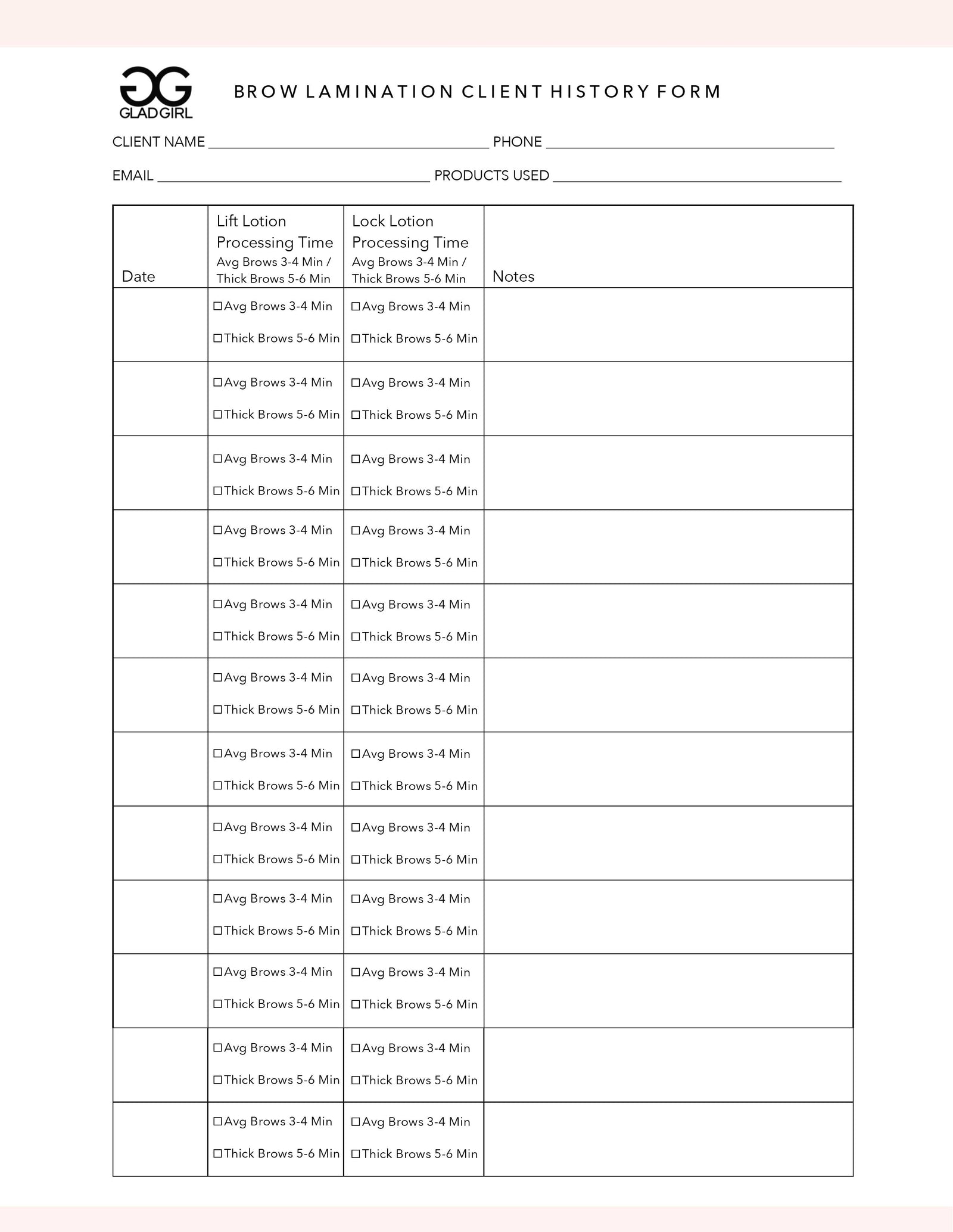 Brow Lamination Client History Form - 25 Per Quantity
