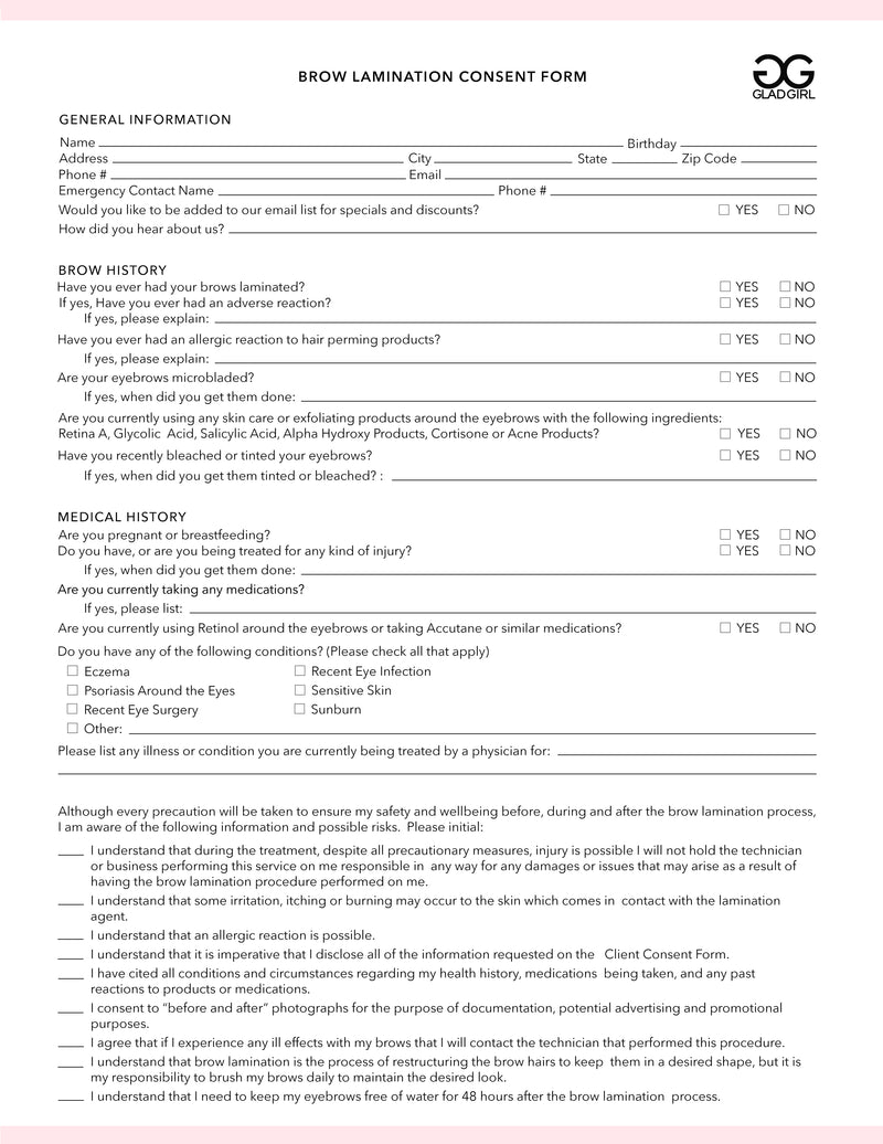 Downloadable Brow Lamination Consent Form
