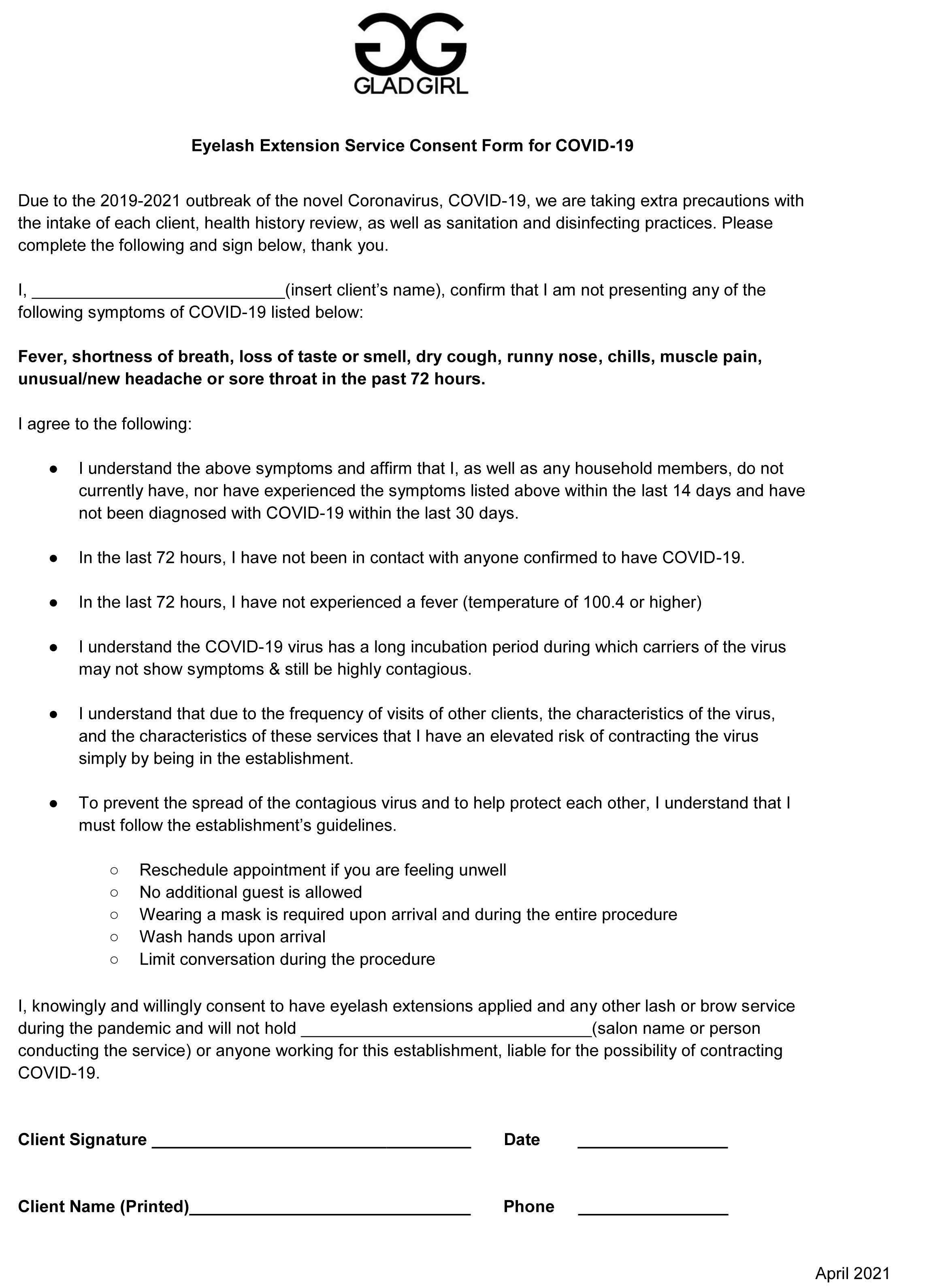 Downloadable Eyelash Extension COVID-19 Consent Form - GladGirl