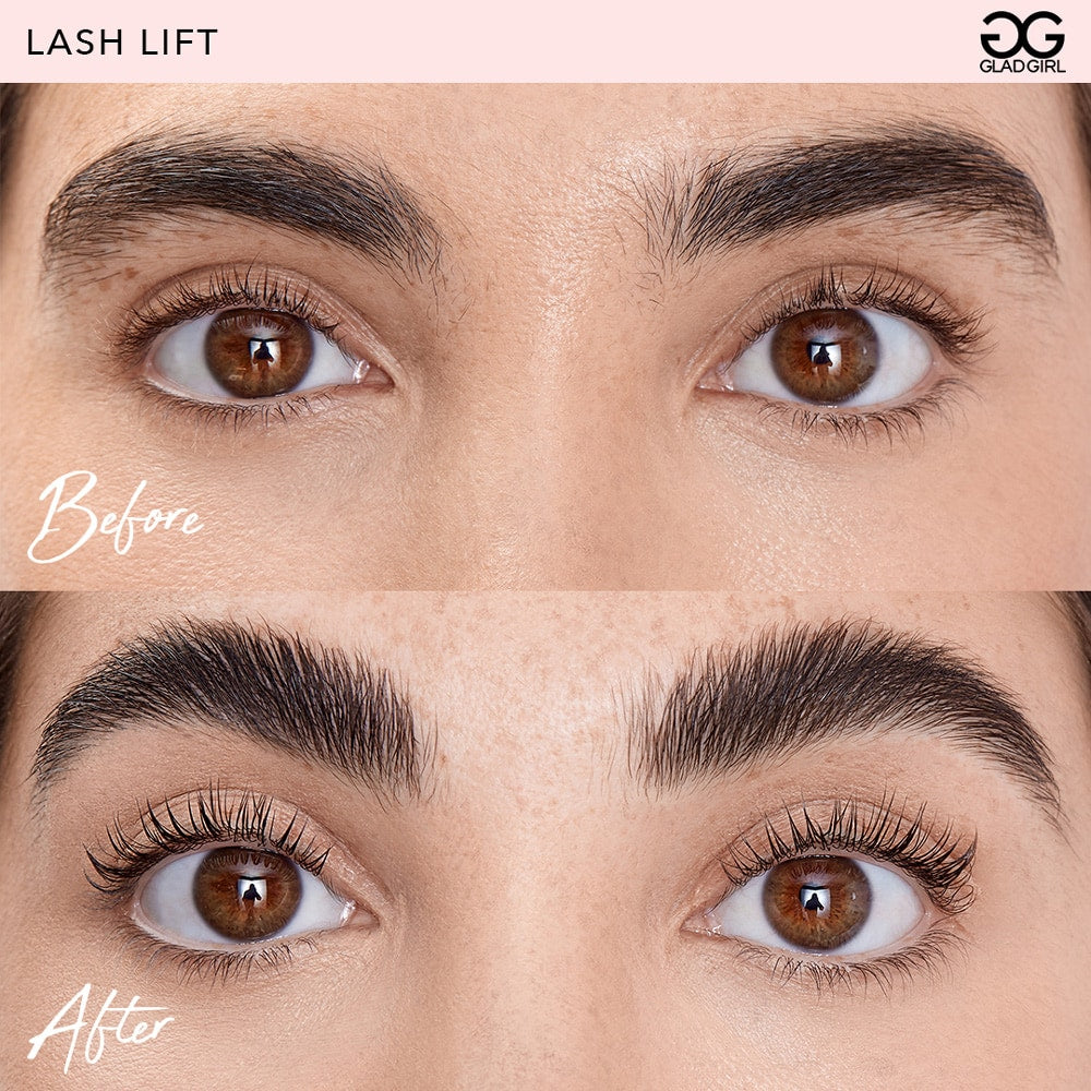 Before and After using the GladGirl Lash Lift Kit