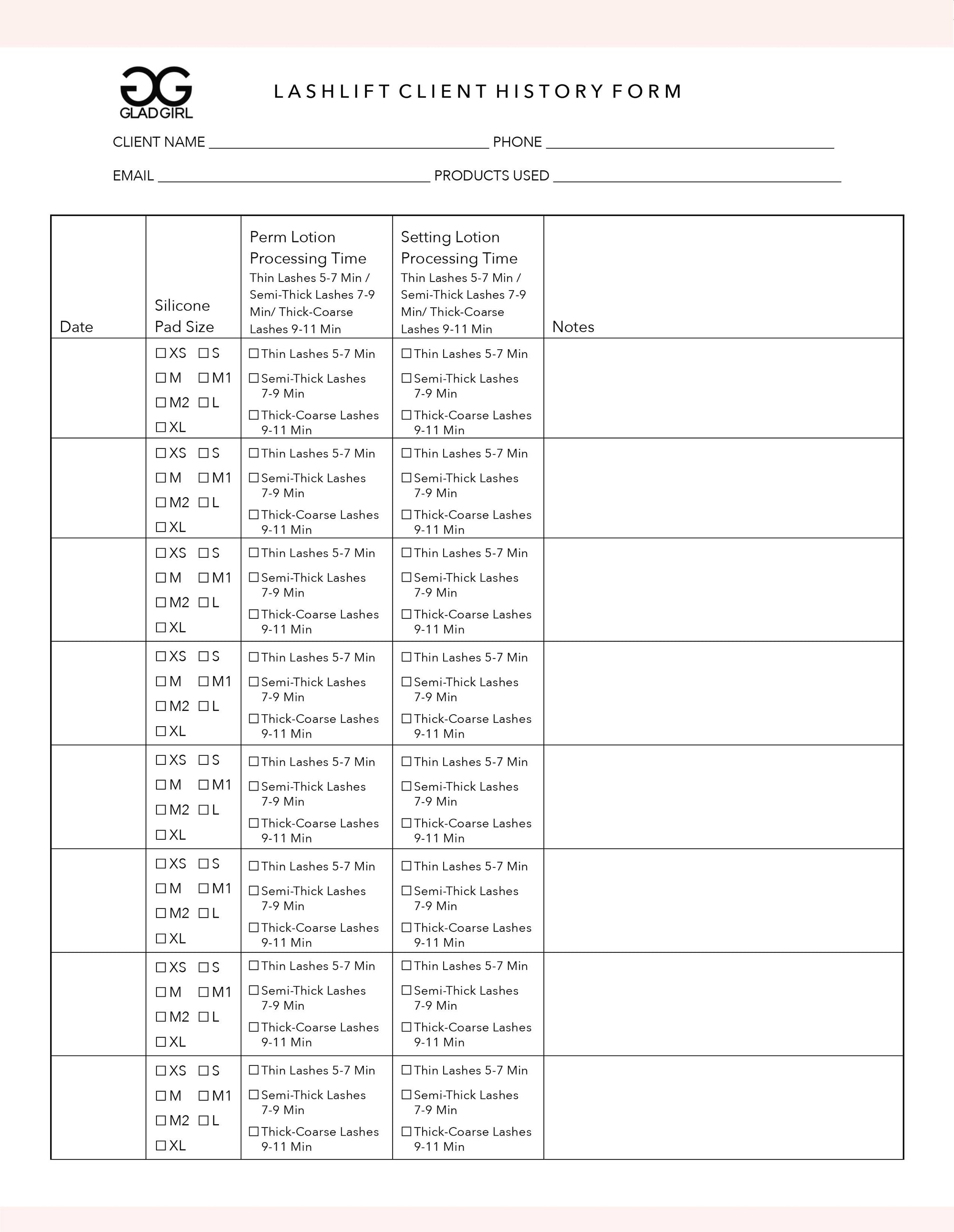 LashLift Client History Form - 25 Per Quantity