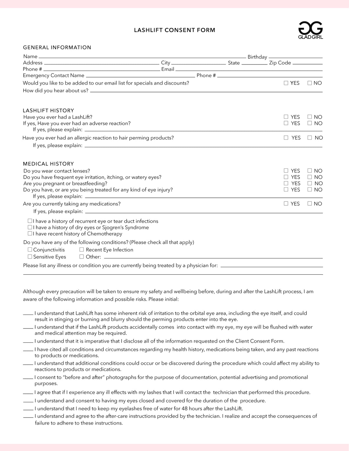 LashLift Consent Form - 25 Per Quantity